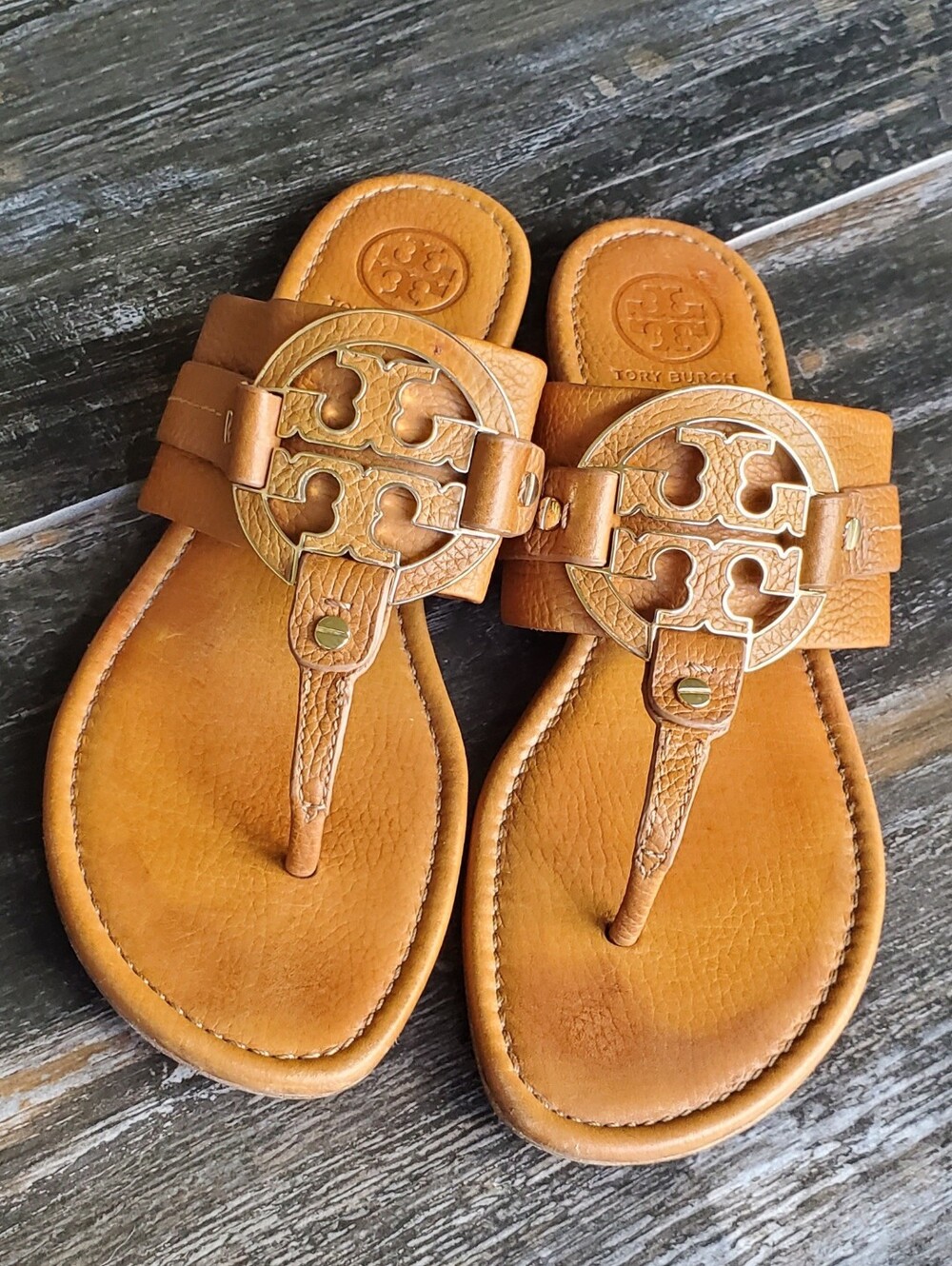 TORY BURCH SIGNATURE SANDALS TAN GOLD 9.5 EXCELLENT!
